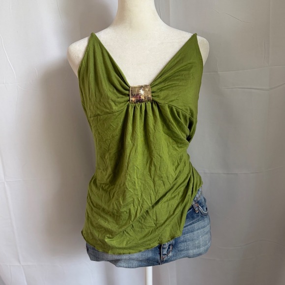 Metro 7 Tops - Y2K Fairy Babydoll Green Sequin Accent Cami Top V-Neck Stretch Rayon Sleeveless